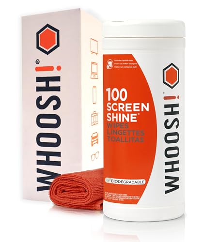WHOOSH! Screen Shine 100 Count Touch Screen Cleaner Wipes for Car, OLED, TV, Eyeglasses, Laptop – Lint-Free, Non-Abrasive Wipes – Streak-Free Finish – Non-Toxic & Odorless – Microfiber Cloth Included - size: 1 Count (Pack of 100)