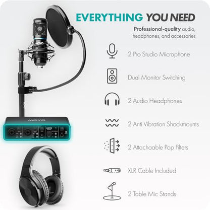 Movo PodPak2T 2-Pack Universal Condenser Microphone Kit with Phantom 2x2 Audio Interface, Desktop Mic Stand, and Studio Headphones- Podcast Equipment Bundle for YouTube, Podcast, Streaming, Musicians - style: with Tabletop Stands
