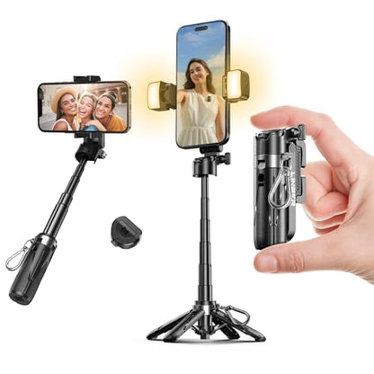 Selfie Stick Tripod with Fill Light & Bluetooth Remote | 3-in-1 portable selfie stick, tripod stand & fill light. Bluetooth remote, 360° rotation. Compact foldable design for travel - color: Black, style: Lighted model