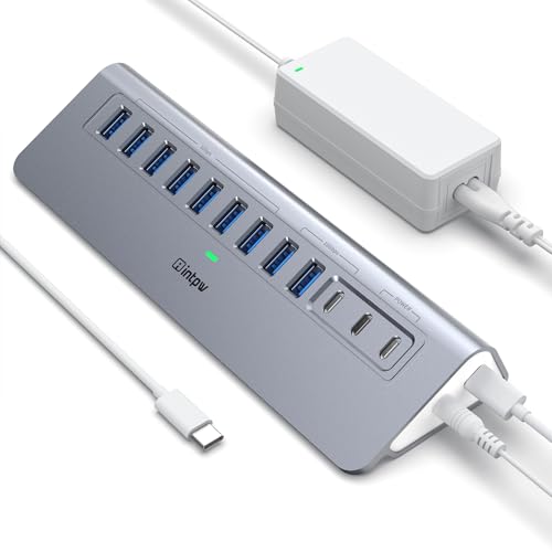 Powered USB Hub 10Gbps, intpw YH9AC 12-Port USB Splitter with USB A/USB C 3.2, 7 USB 3.0, 2 PD 45W Charging Ports, 65W Power Adapter + 3.3FT Cable, Aluminum USB Extender Hub for Laptop/PC/iPhone 16/15 - color: Gray, size: 12 Port