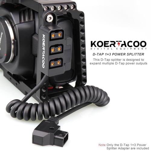 D-Tap 1×3 Power Splitter Adapter with Voltage Display & 1/4 Mounting Screws for V-Mount/Gold Mount Battery,Camera Cage,Video Transmission, Monitor, BMPCC 4K/6K, etc. (Coiled Cable Version)