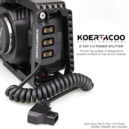D-Tap 1×3 Power Splitter Adapter with Voltage Display & 1/4 Mounting Screws for V-Mount/Gold Mount Battery,Camera Cage,Video Transmission, Monitor, BMPCC 4K/6K, etc. (Coiled Cable Version)