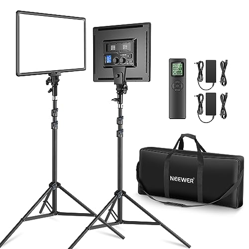 Neewer 18" Led Video Light Panel Key Lighting Kit with Remote, 2-Pack 45W Dimmable Bi Color + Tripod Stand, 3200K–5600K Soft Light CRI 97+ 4800Lux for Game Live Streaming Studio Photography Recording