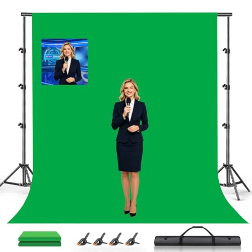 BEIYANG 8.5X10 FT Photo Background Stand &10X12 FT Green Backdrop Screen, Adjustable Background Holder Support System Kit for Photo Studio Shooting Props Parties Decoration with Carry Bag & Clamps - color: Stand + Green