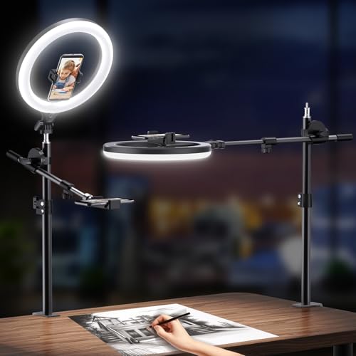 Ring Light with Stand and Phone Holder, Overhead Phone Mount, Phone Stand for Recording, 11” Circle LED Ring Light for Desk with Clamp for Live Streaming, Video Recording, Meeting, TikTok, YouTube