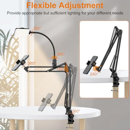 Overhead Phone Mount with 60 LED Portable Selfie Light and Phone Holder for Desk, Camera Mount Arm Stand with Remote, Overhead Stand for Video Recording, Live Streaming, TikTok, YouTube and Cooking