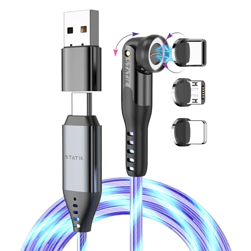 Statik 360 Pro Magnetic Charging Cable - Type C Charger Fast Charging 3 in 1 USB C to USB C Cable, Micro USB & iProduct Tips, USB A Adapter, Fits All Devices - 100W Fast Charger, GloBright 6FT/2M - color: LED GloBright, size: 6FT