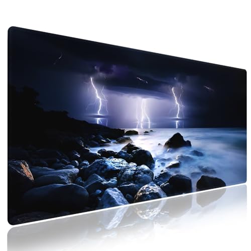Lightning Thunderstorm Ocean Large Mouse Pad, Stormy Rocky Sea Desk Mat | Night Nature Seashore Scenery, Dark Storm Beach scene, Blue Coastal Landscape, 31.5" x 11.8", XXL Stitched Keyboard Mat - color: Nightmare Theme
