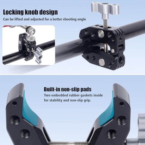 Universal Camera Clamp 10-60mm with 1/4"-3/8" Threads & Positioning Holes - Multi-Angle Adjustable Clamp for DSLR, Bike Handlebar, Desktop Streaming (Lightweight Aluminum Alloy) 62019