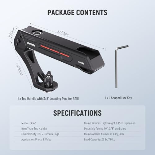 NEEWER BASIC Lightweight Camera Top Handle with 3/8" Locating Pin for ARRI, High Strength Cage Plastic Handle Grip w/ 1/4" 3/8" Screw Holes & Cold Shoe Mounts for Video Light Mic, Max Load 22lb, CA142 - style: CA142