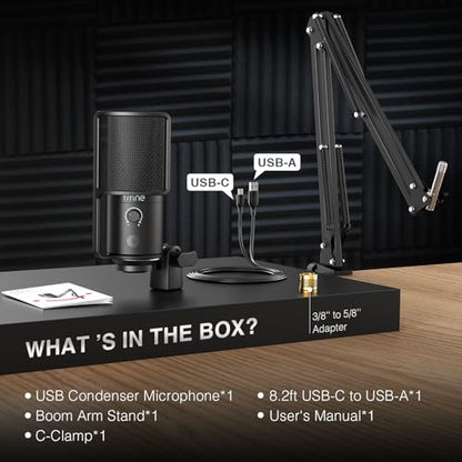 FIFINE USB Podcast Microphone, PC Computer Condenser Microphone Plug & Play Mic Kit with Boom Arm Stand, 16MM Large Diaphragm, Mute Button for Recording Singing Streaming YouTube Gaming-T669PRO1