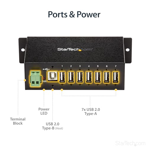 StarTech 7-Port Industrial USB 2.0 Hub, Mountable, TAA (ST7200USBM) | Steel housing, 15kV ESD and 350W surge protection, DIN/wall/desk mountable, 7-24V DC terminal block, USB expander