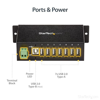 StarTech 7-Port Industrial USB 2.0 Hub, Mountable, TAA (ST7200USBM) | Steel housing, 15kV ESD and 350W surge protection, DIN/wall/desk mountable, 7-24V DC terminal block, USB expander
