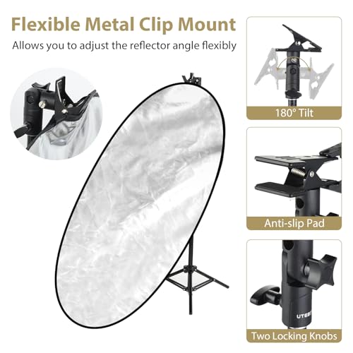 UTEBIT 35"x47" Photography Reflector with Stand, Include Clamp&Carrying Bag | 5-in-1 Oval Foldable Reflector, Translucent/Silver/Gold/White/Black Photography Reflector for Studio&Outdoor Lighting - size: 35x47 Inch