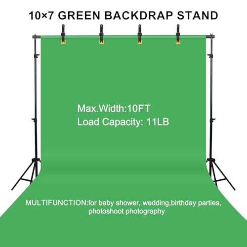 10x7ft Adjustable Photography Backdrop Stand Kit – Photo Studio Background Support with 4 Crossbars, 4 Clamps, 2 Sandbags (with 9 * 6 Feet Green Backdrop Curtain) - color: Green