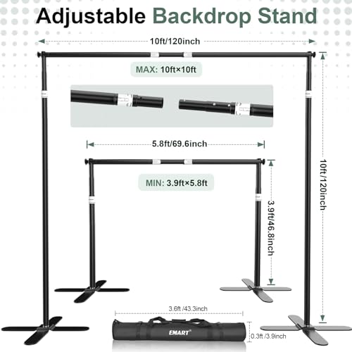 EMART Pipe and Drape Backdrop Stand Kit 10x10ft, Heavy Duty Back Drop Adjustable Stand with X-Shaped Base, Metal Background Frame for Parties Wedding Birthday Decoration Photography Photo Booth Video - size: 10×10FT