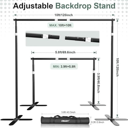 EMART Pipe and Drape Backdrop Stand Kit 10x10ft, Heavy Duty Back Drop Adjustable Stand with X-Shaped Base, Metal Background Frame for Parties Wedding Birthday Decoration Photography Photo Booth Video - size: 10×10FT