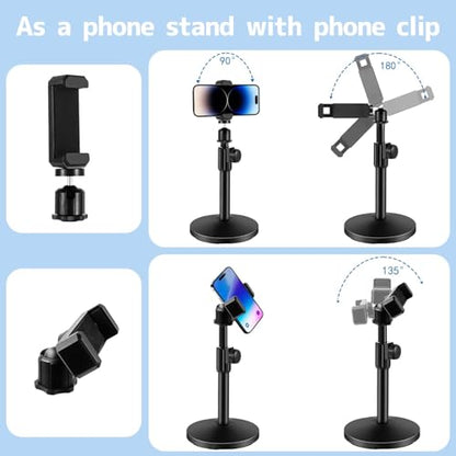 BILIONE Versatile Desktop Microphone Stand, Adjustable Table Mic Stand with Large Microphone Clip, Cell Phone Clip, 5/8" Male to 3/8" Female Metal Adapter - size: Large Clip