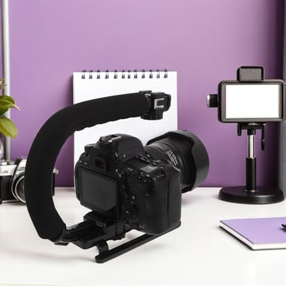 Camera Stabilizing Handle Grip with U-Shaped Cold Shoe Mount, Handheld Video Grip for Smartphones and Camcorders, Portable Stabilizer Kit with Phone Clamp and Adapter for Video