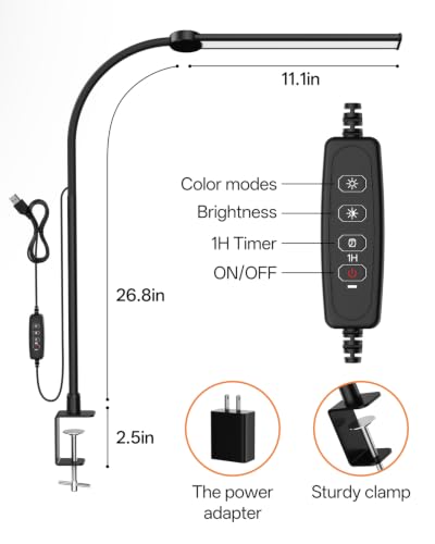 LED Desk Lamp for Home Office, Eye-Caring Architect Task Lamp with Clamp, Adjustable Gooseneck Desk Light, Clamp on Desk Lamps with Dimming, Flexible Craft Study Light for Office, Workbench - color: Black