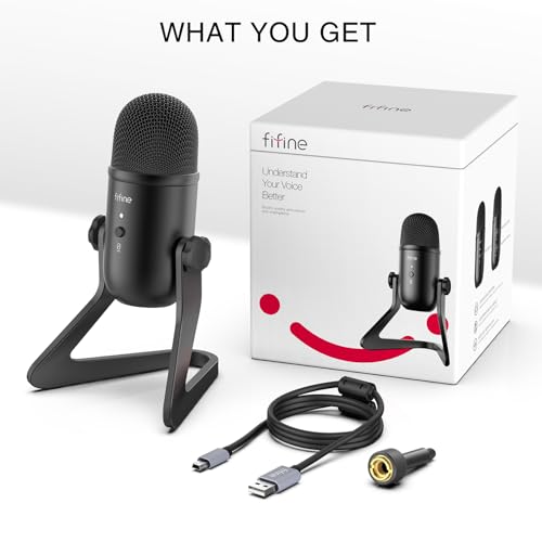 FIFINE USB Podcast Microphone for Recording Streaming, Condenser Computer Gaming Mic for PC Mac, Headphone Output&Volume Control, Mic Gain Control, Mute Button for Vocal, YouTube (K678)