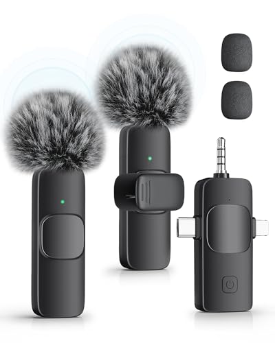 KUKIHO 3-in-1 Wireless Lavalier Microphone for iPhone, iPad, Android, Camera - Noise-Canceling Mini Mic with 2.4G Ultra-Low Latency for Vlog, TikTok & YouTube Streaming (2 Mics) - color: Gloss Black, size: Without Case