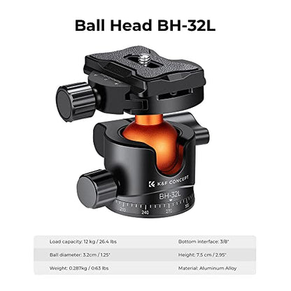 K&F CONCEPT 32mm Metal Tripod Ball Head 360 Degree Rotating Panoramic with 1/4 inch Quick Release Plate Bubble Level for Monopod Camera Camcorder Load Capacity up to 26.4lbs/12kg - size: 12 kg Capacity