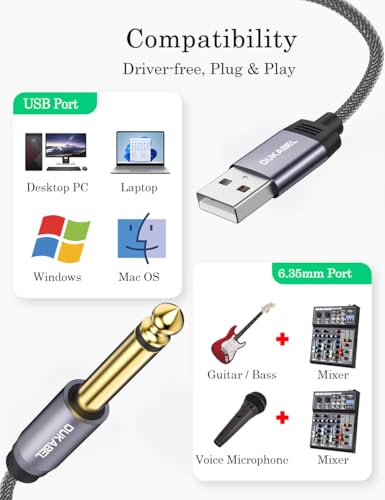 DUKABEL USB Guitar Cable, USB-A to 1/4 TS Cord for Guitar Recording, 8Feet/2.4Meter Instrument Mono Cord for Bass, Mixer, PC, Laptop(Donot Work with RockSmith) - style: USB to 1/4 inch