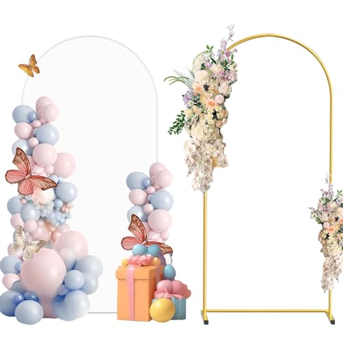 Metal Arch Backdrop Stand and Cover Set, 6FT White Reusable Spandex Fitted Backdrop Cover and Gold Wedding Arch Frame for Baby Shower, Birthday, Parties Decoration. - color: White, size: 6ft