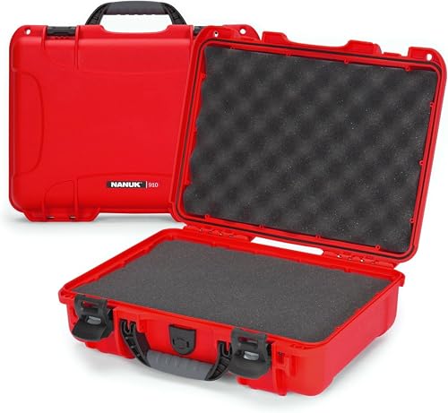 NANUK 910 Hard Case with Customizable Cubed Foam, IP67 Waterproof, Dustproof and Impact Resistant, 14.3” x 11.1” x 4.7”, Rugged Construction for Ultimate Protection, Made in Canada – Red - color: Red, style: Cubed Foam