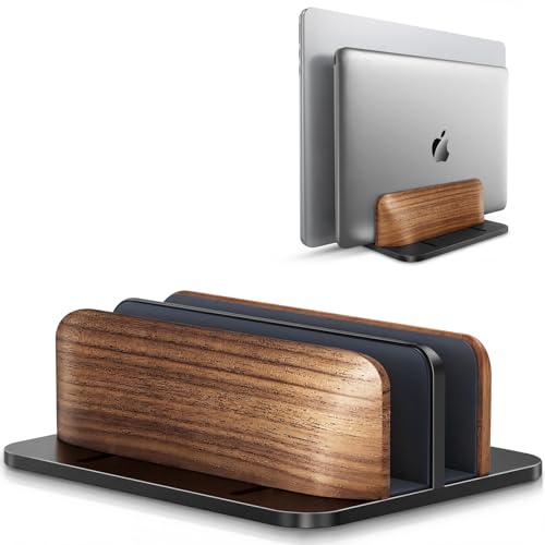 LOXP Vertical Laptop Stand, [Dual Slot Wooden + Aluminum Laptop Holder], Desktop Adjustable MacBook Stand, Adjustable Base, for MacBook Pro/Air, (up to 17.3-inch All laptops) - color: Classic Black