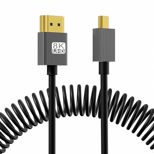 8K Micro HDMI to HDMI Coiled Cable 1-3FT, Male to Male HDMI to Micro HDMI Spiral Cord, Support 8K@60Hz and 4K@240Hz, Compatible with Laptops, Cameras, DSLRs, Camcorders, Portable Screens and Monitors