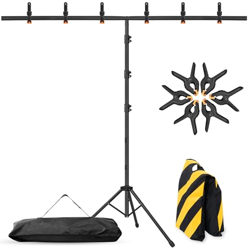 T-Shape Portable Backdrop Stand – 8x5.2ft Adjustable Photo Background Stand Kit, Sturdy Small Back Drop Holder with 6 Spring Clamps, Sandbag, Carry Bag for Party, Photography and Video Studio