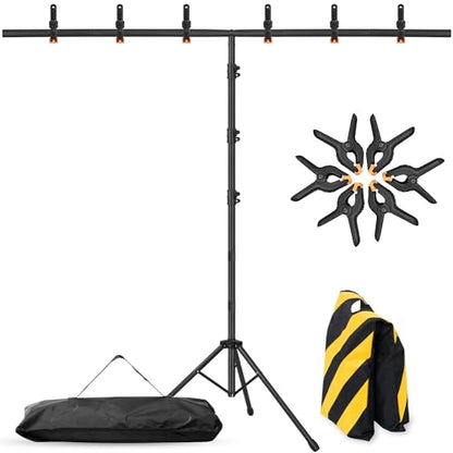 T-Shape Portable Backdrop Stand – 8x5.2ft Adjustable Photo Background Stand Kit, Sturdy Small Back Drop Holder with 6 Spring Clamps, Sandbag, Carry Bag for Party, Photography and Video Studio