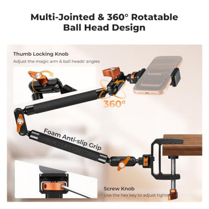 K&F CONCEPT 22" Magic Arm Clamp Kit, Flexible Desk Camera Mount, Long Articulating Friction Boom Arm for Phone, Action Camera, LED Light, Microphone