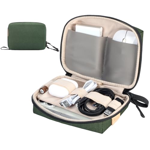 SIMTOP Small Tech Case Organizer for Cords Chargers Earbuds Travel Pouch | Small tech bag pouch for cables charger earbuds phone cords power bank soft padded case purse backpack office commute travel - color: Green