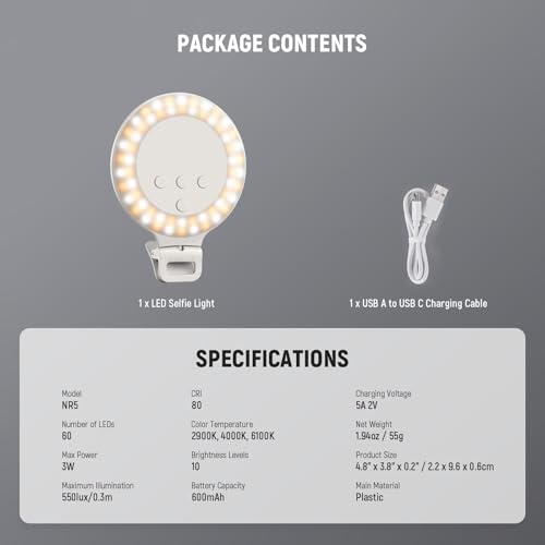 NEEWER Entry Level Version 3.8" Ring Light, 3W Clip on Phone Selfie Lighting for iPhone Laptop Desk Computer Webcam Video Conference Zoom Vlog Recording Streaming Makeup, 3 Modes CRI80 600mAh, NR5