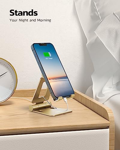 Nulaxy Dual Folding Cell Phone Stand, Fully Adjustable Foldable Desktop Phone Holder Cradle Dock Compatible with iPhone 17 16 15 14 13 12 11 Pro Xs Xs Max Xr X 8, Nintendo Switch, All Phones - Gold - color: J-Gold