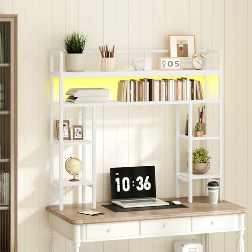 MAHANCRIS Desk Shelf, 43.3" Desk Hutch with Light Strip, Office Desktop Organizer, 5 Tier Desktop Bookshelf for Computer Monitor, Storage Rack for Study, Home Office, White DSWT9801 - color: White