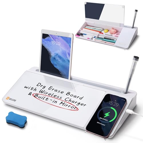 SELEAD Desktop Glass Whiteboard with Wireless Charger & Built-in Mirror, Dry Erase Board Computer Pad Keyboard Stand with Organizer for Home, School, Office Desk Accessories, White - color: White Charger With Mirror