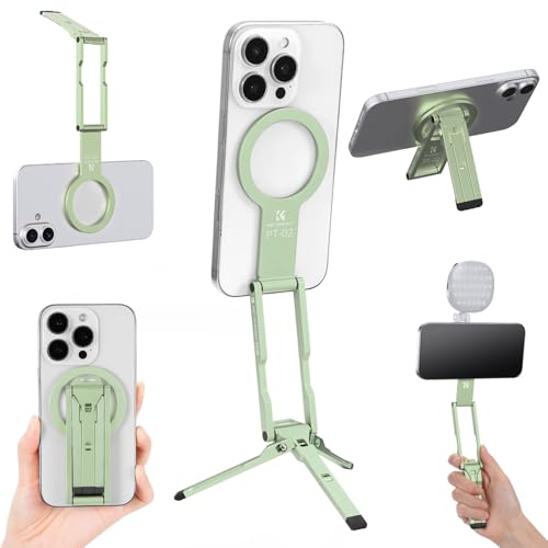 K&F CONCEPT 7mm 59g Magnetic Phone Stand, Foldable Selfie Stick for iPhone, Dual-Sided Magnets Mini Tripod Pocket Cell Phone Stand with Hook, Compatible with iPhone 17-12 Series Android Phones - color: Green