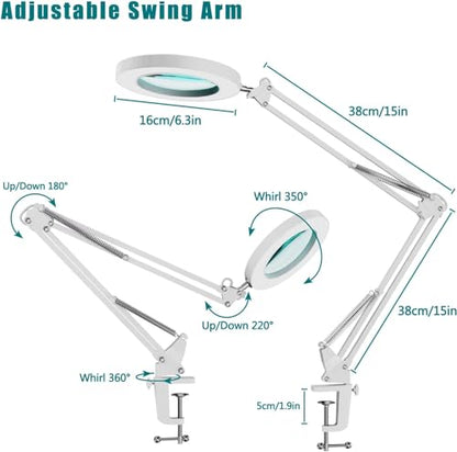 YOUKOYI LED Magnifying Lamp Metal Swing Arm Magnifier Lamp -10 Levels Brightness, 3 Color Modes, 5X Magnification, 4.1" Diameter Glass Lens, Adjustable Industrial Clamp for Reading/Office/Work (White) - color: White1