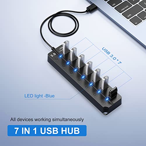 ONFINIO USB Hub 3.0, 7-Port USB A Splitter with Individual On/Off Switches and Lights, 3.2ft/1m Long Cable, Extender for A Port Laptop, PC, Desktop - color: Black