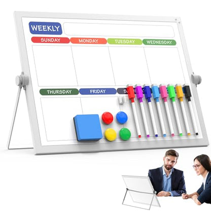 Desktop Whiteboard 16x12 Stand, Double Sided Dry Erase Board Kids | Portable with Handle, Foldable Aluminum Stand, 360° Angle, 8 Markers 4 Magnets 1 Eraser, Smooth Magnetic Surface - size: 16"W x 12"H