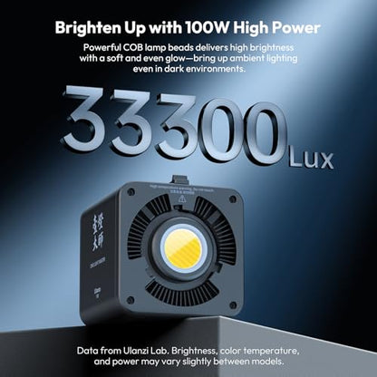 ULANZI 100W RGB Portable LED Video Light w DC Power Adapter, 88.8Wh Build-in Battery Metal Mini Adjustable Color Temperature COB Continuous Output Lighting Handheld Spotlight 2700K-6500K for Video