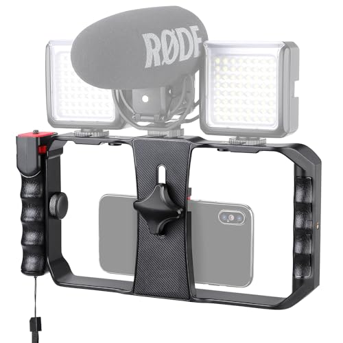 Smartphone Video Rig, Filmmaking Vlogging Cage, Phone Stabilizer Tripod Mount with Wireless Remote Shutter for All iPhone and Android Smartphones