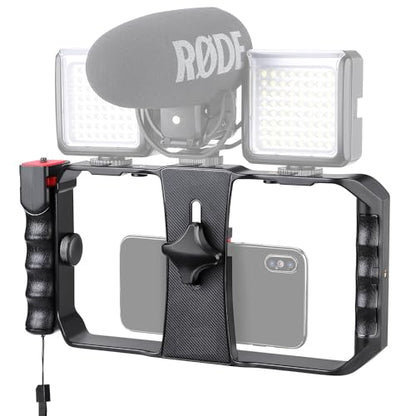 Smartphone Video Rig, Filmmaking Vlogging Cage, Phone Stabilizer Tripod Mount with Wireless Remote Shutter for All iPhone and Android Smartphones