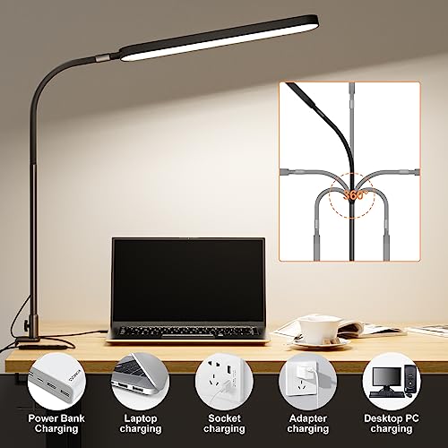 SKYLEO Led Desk Lamp - Desk Light for 33.5" Tall - Flexible Gooseneck - 5 Color Modes X 11 Brightness Levels - 1300LM - Timmer & Memory Function - 12W Clip on Light - Black - style: Black gooseneck