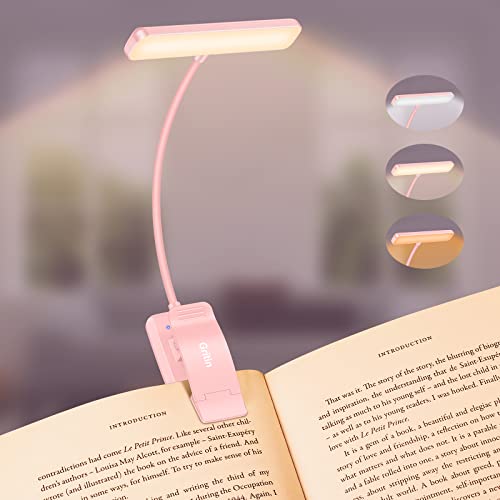 Gritin 19 LED Rechargeable Book Light for Reading in Bed | Eye Caring 3 Color Temps,Stepless Dimming Brightness,Memory Function,90 Hrs Runtime Lightweight Clip on Light-Pink - color: Pink