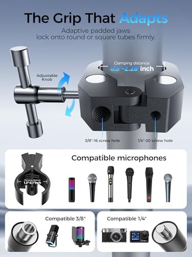 19.6" Steel Core Flexible Gooseneck Microphone Stand with 1/4" to 3/8" Adapter, Mic Clip & Super Crab Clamp, Desk/Pole Mount Compatible with Shure, Fifine, AT2020, Pyle, Razer, Blue Snowball